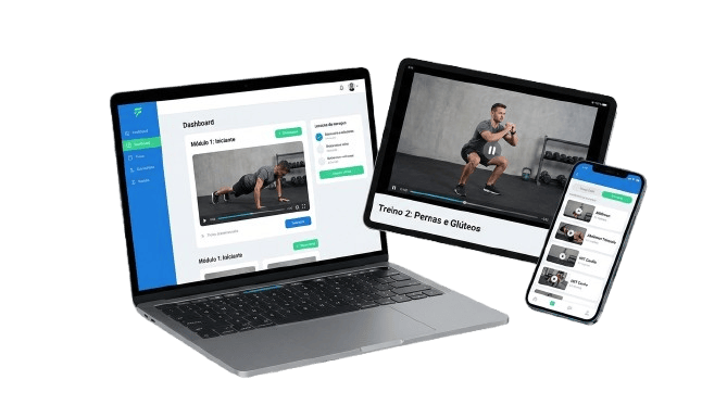 Plataforma de treinos no celular, tablet e notebook